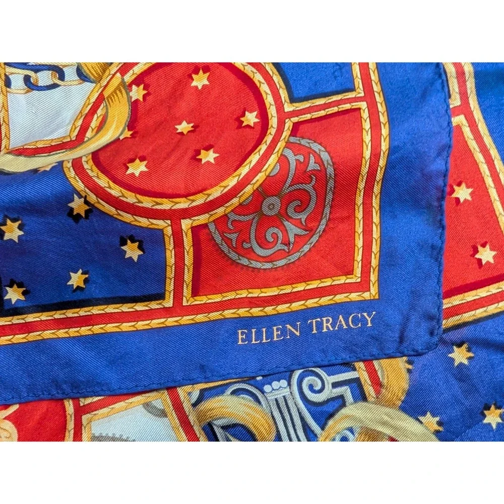 Ellen Tracy 100% Silk Scarf Red Blue Gold Chain Medallion 34